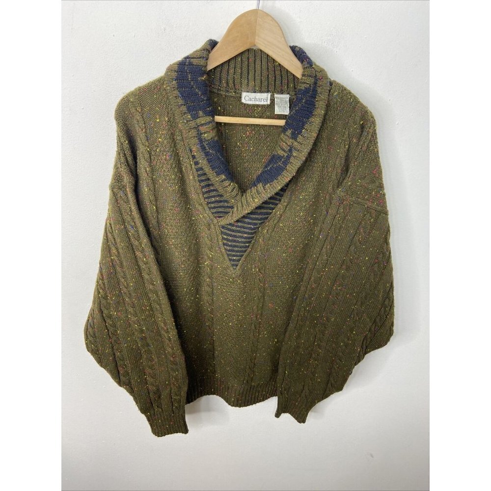 Vintage Cacharel Men L Speckled Cable‎ Knit Sweater Fisherman Shawl Green